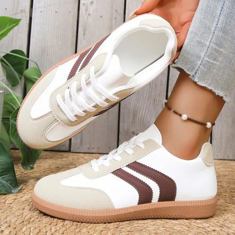 Women's PU Lace-Up Flat Sports Shoes — Soft Sole, Round Toe, Rubber Outsole, Casual - Zenflow Active