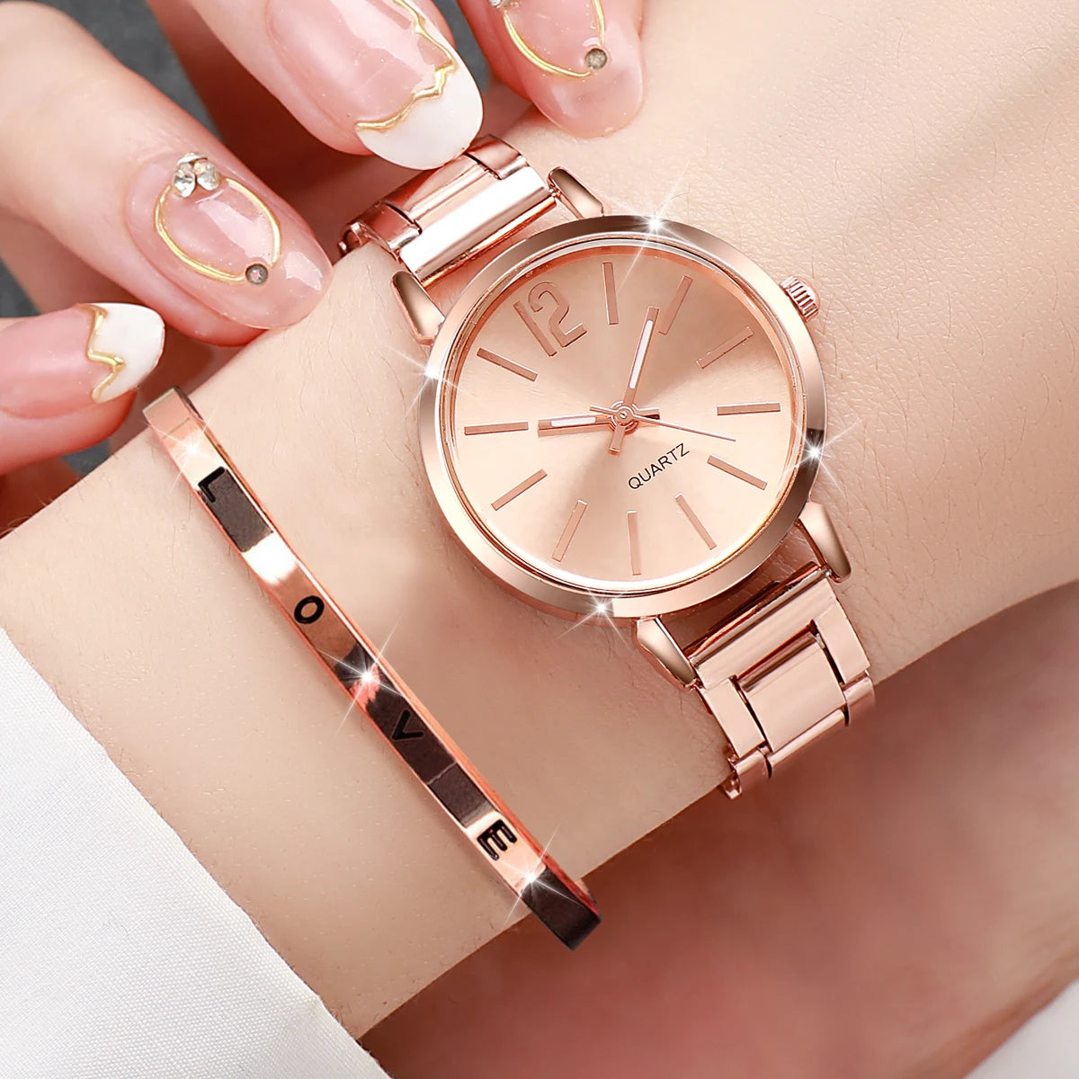 2PCS Women's Watch Fashion Gold Steel Band Quartz Wristwatch Opening Cuff Bracelet Set - Zenflow Active