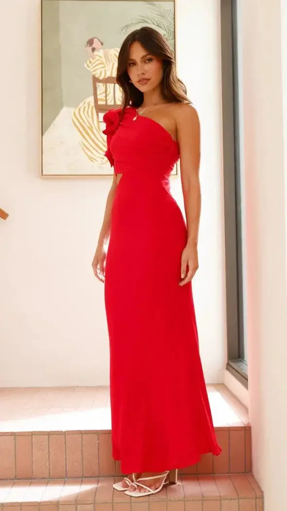 Women's One-Shoulder Pleated Maxi Dress - Zenflow Active