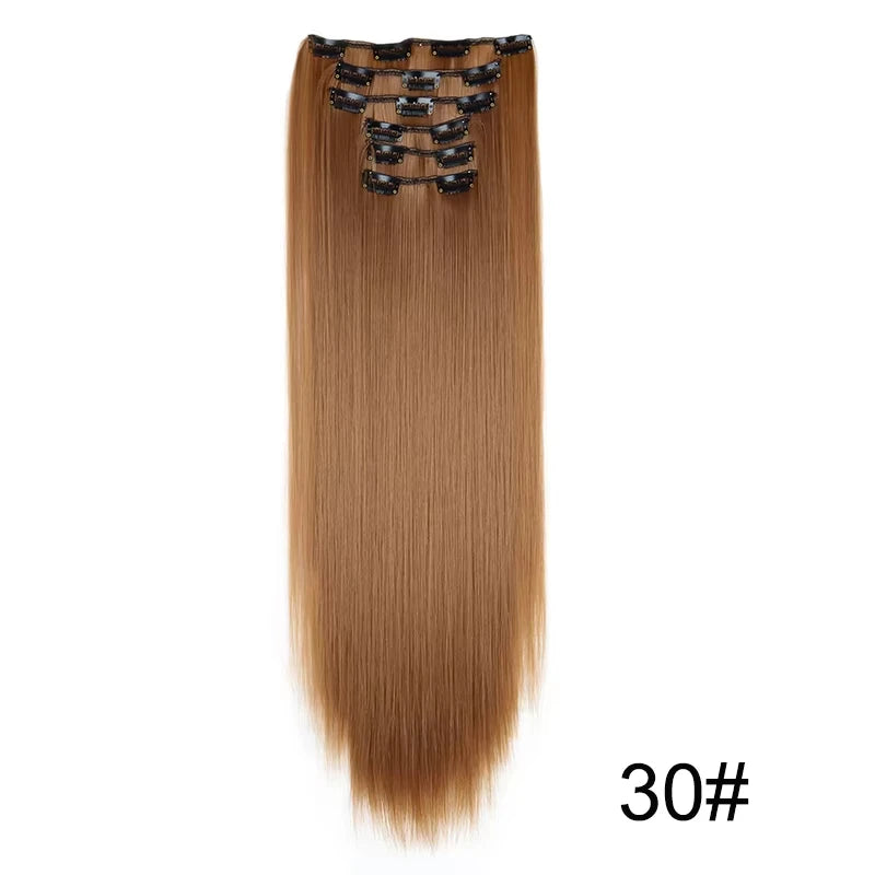 16 Clips in Hair Extensions 24Inchs Long Straight Hairstyle Synthetic Blonde Black Hairpieces Heat Resistant Fake Hair 6Pcs/Set - Zenflow Active