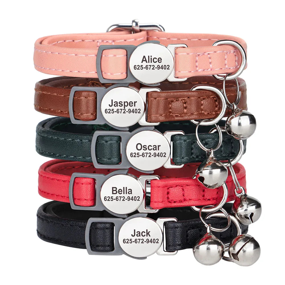 Personalised Cat Collar | PU Leather with Engraved ID Nameplate & Bell - Zenflow Active