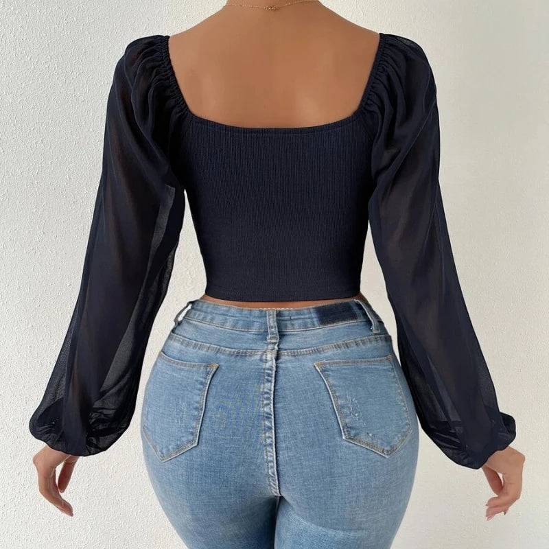 Chiffon Knit Puff Sleeve V-Neck Top Zenflow Active