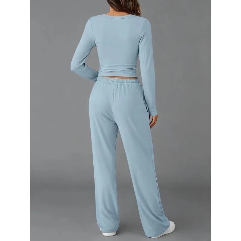 Women's Casual Drawstring Top & Wide-Leg Trouser Set - Zenflow Active