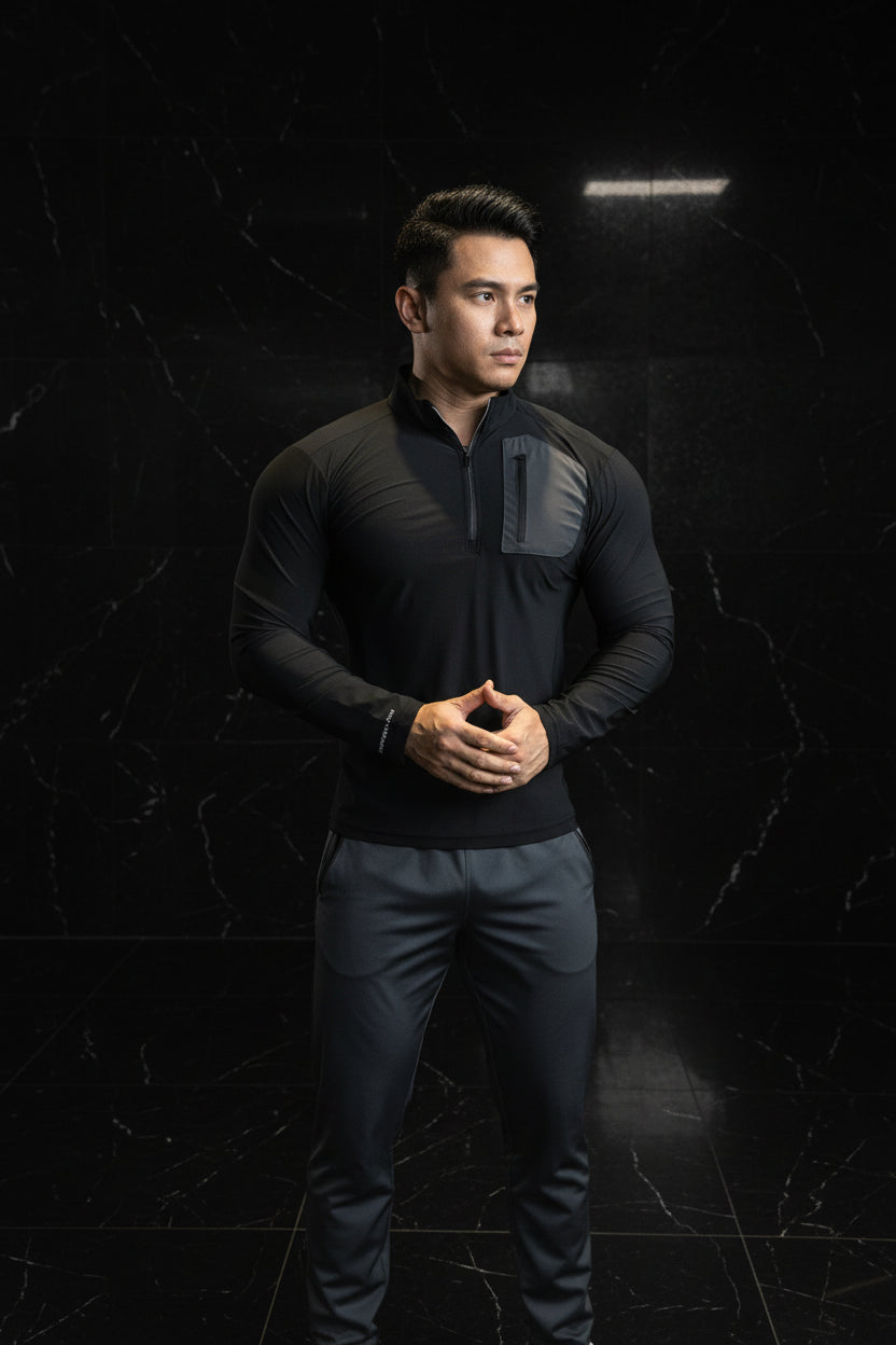 Men's Long Sleeve Half-Zip Compression Top | Gym Running Shirt with Pockets - Zenflow Active