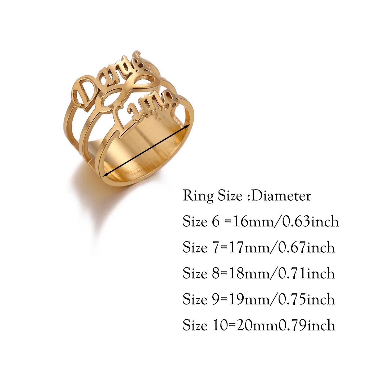 Custom Broad Surface Name Heart Rings Women Unisex Gold Colour Personalization 6-10 Size Wedding Bride Jewellery Stainless Steel - Zenflow Active