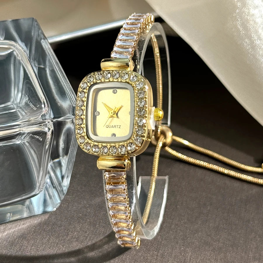 women's inlaid zircon flexible pull out bracelet with diamond square alloy case rhinestone scale simple dial quartz watch - Zenflow Active