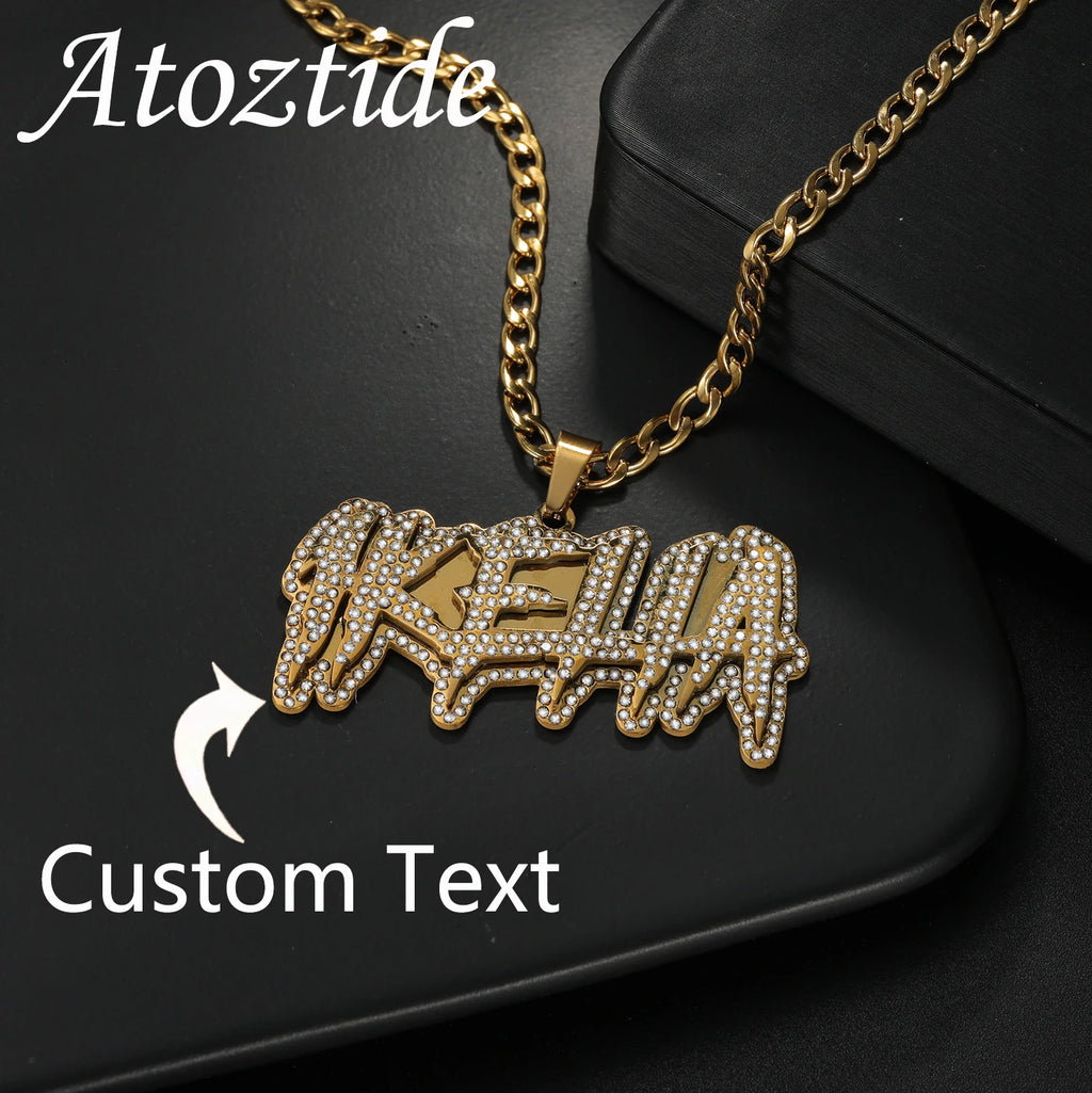 Atoztide Personalized Name Necklace 2-Side Welding Zircon Pendant Stainless Steel Chain - Zenflow Active