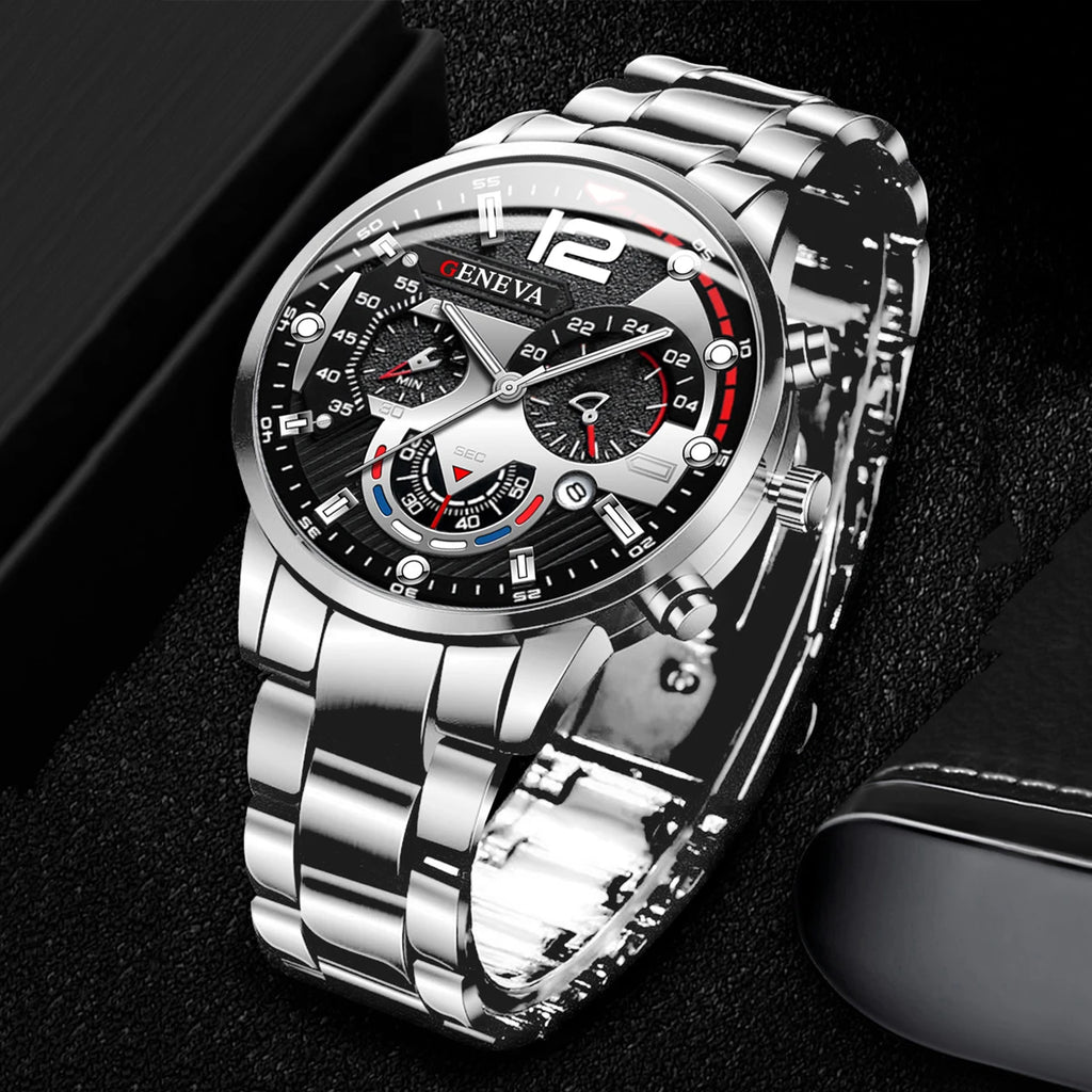 Men's Watch Stainless Steel Band Analog Quartz Wristwatch with Calendar - Zenflow Active