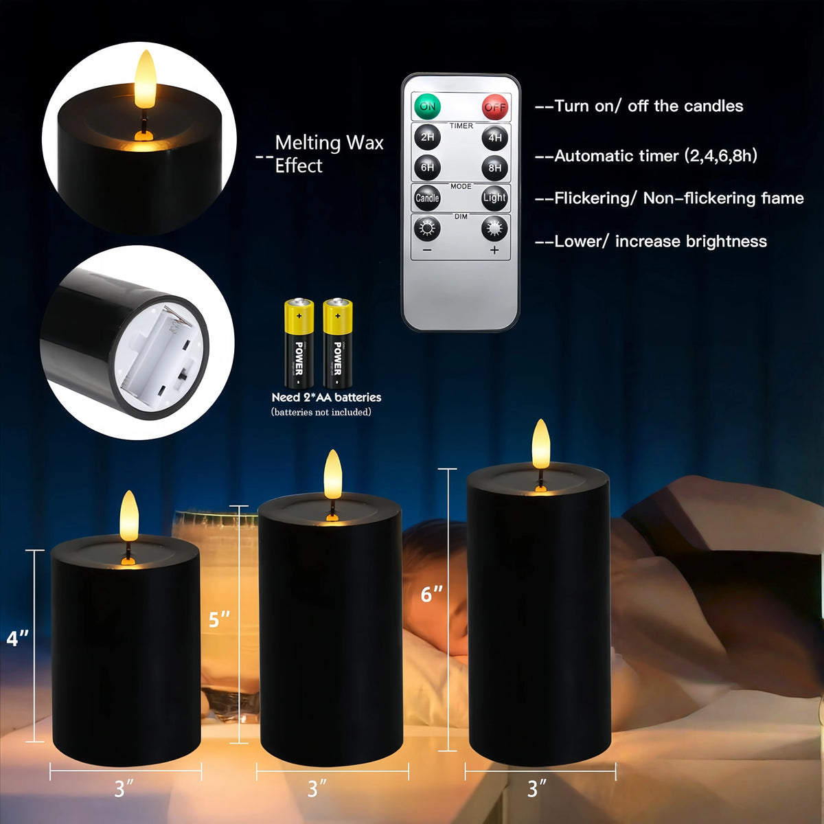 Black Flameless Pillar Candles Remote Controlled Flickering LED Paraffin Wax Candle Battery Operated Window Table Lighting Decor - Zenflow Active