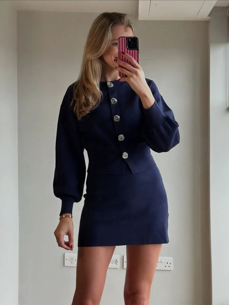 Knit Cardigan & High-Waist Mini Skirt Set - Zenflow Active