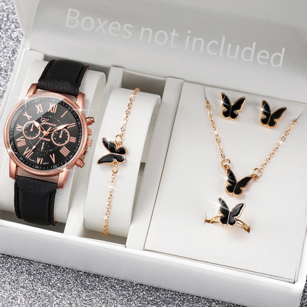 5/6PCS Fashion Women's Quartz Watch Leather Band Analog Wrist Watches Heart Rhinestone Jewelry Set(Without Box) - Zenflow Active