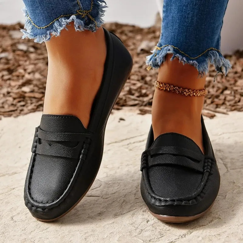 Women's PU Leather Slip-On Loafers — Round Toe, Flat Moccasin, Casual Everyday Shoe - Zenflow Active