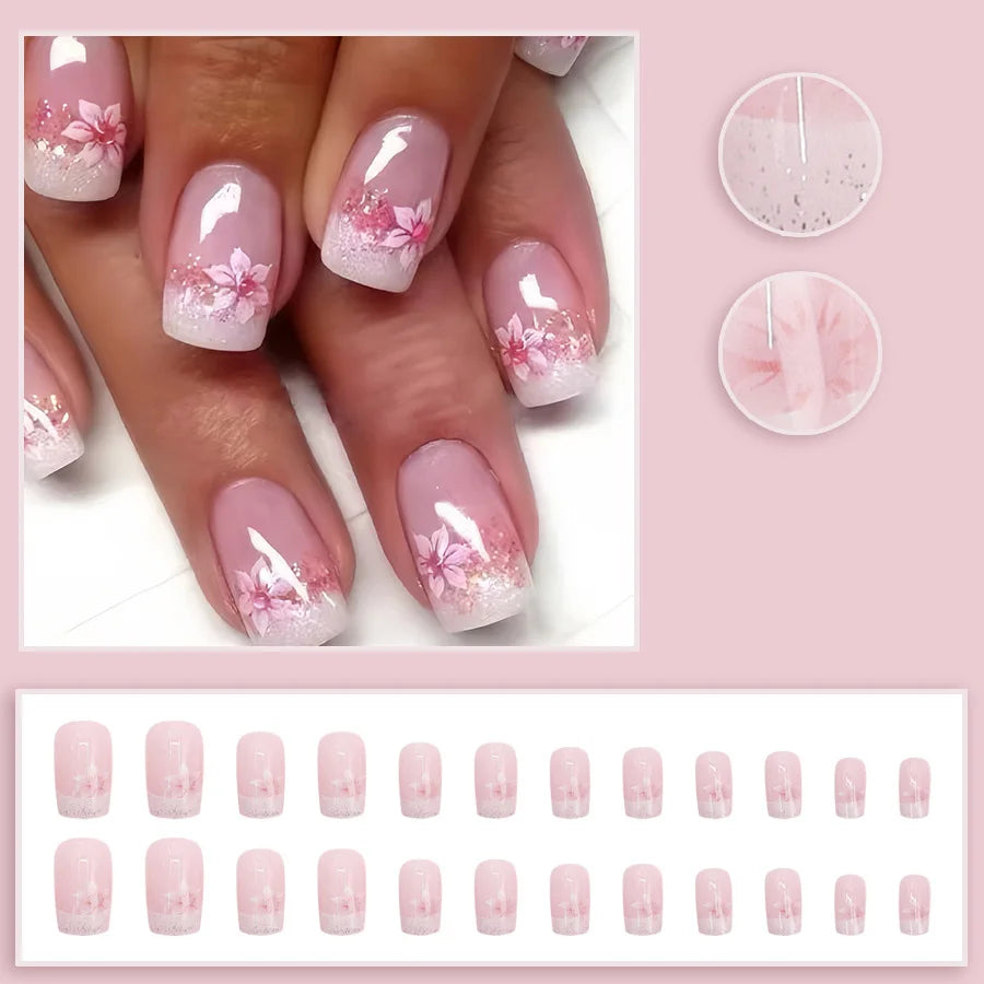 Nude Pink Floral Press-On Nails – Square Ballet Shape with Glitter | 24-Piece Set - Zenflow Active