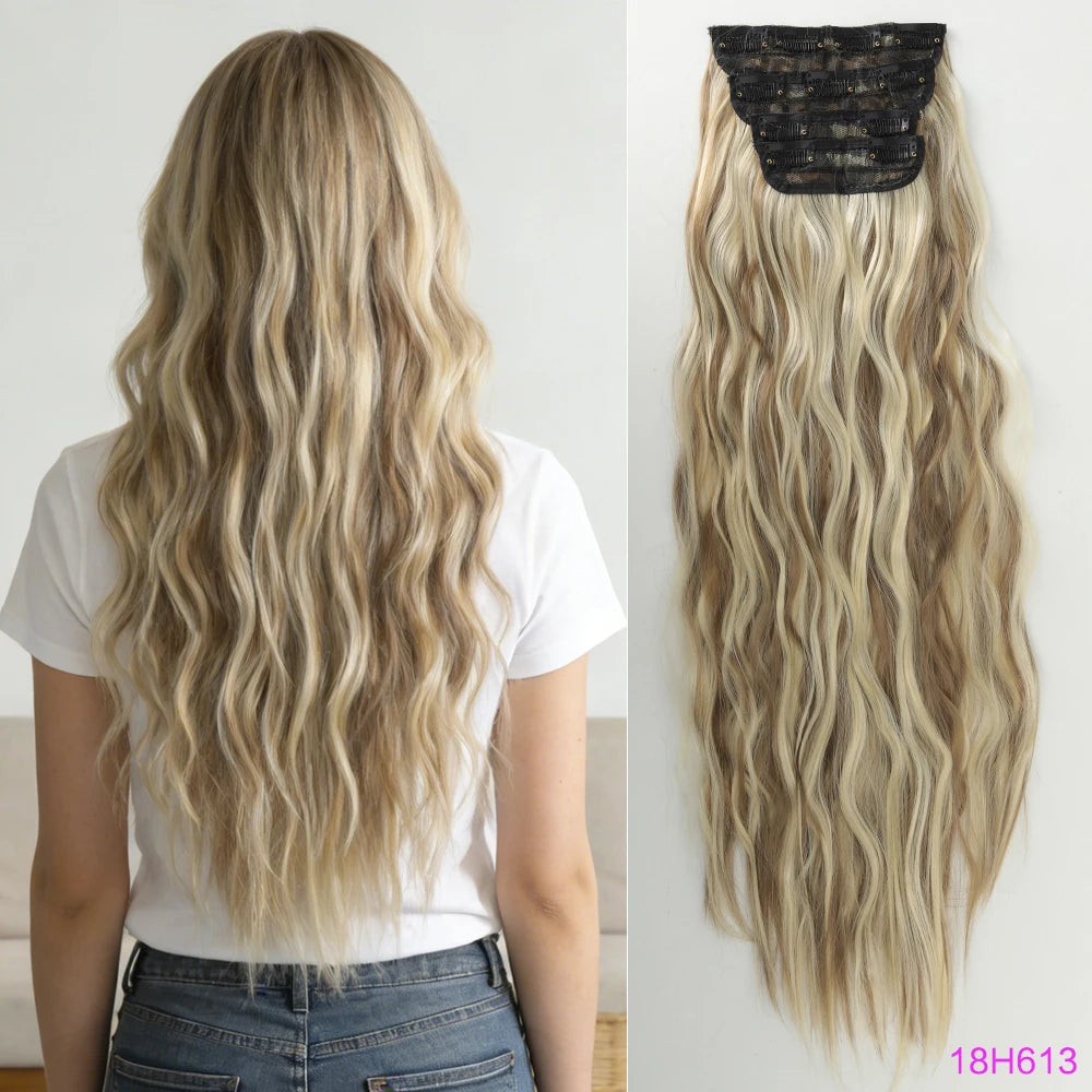 Set of 4 Clip-In Hair Extensions in a Brown-Blonde Shade, 60.96 cm Long, Featuring Wavy And Curly Synthetic Hair - Zenflow Active