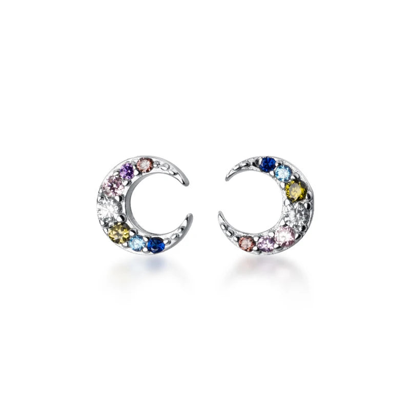 Modian New 925 Sterling Silver Colourful Crystal Moon Tiny Stud Earring for Women Luxury Ear Pin Fine Jewellery Student Accessories - Zenflow Active