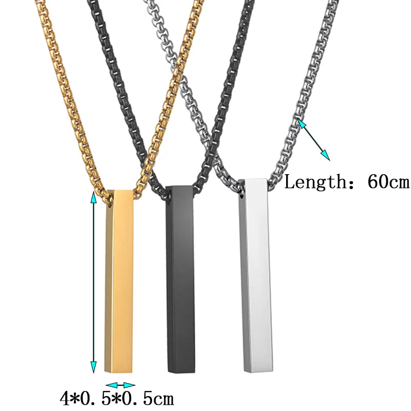 Engrave 4 Sides Name Date Custom Stainless Steel Thick Chain Necklaces for men Personalized Square Bar Pendant Jewellery - Zenflow Active