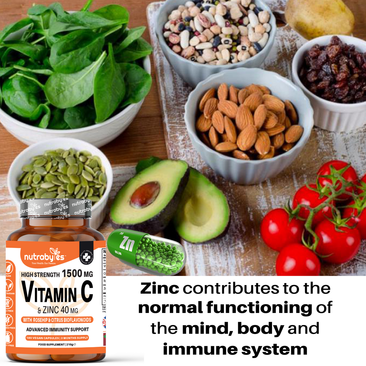 High Strength Vitamin C 1500mg and Zinc 40mg | High Strength Vegan Capsules | Advanced Immunity Support | Sugar Free | 3