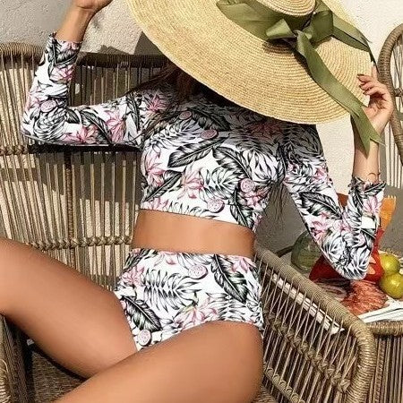 Women's Printed Long-Sleeve Two-Piece Swimsuit Michan Direct