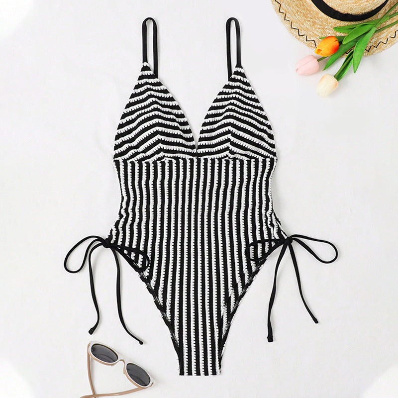 Women's Black Striped Backless One-Piece Swimsuit with Lace-Up Detail Michan Direct