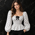 Polka Dot Bow Detail Puff Sleeve Peplum Blouse Women UK Fashionfitz