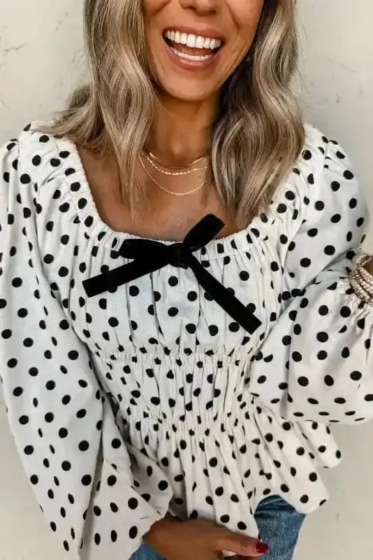 Polka Dot Bow Detail Puff Sleeve Peplum Blouse Women UK Fashionfitz