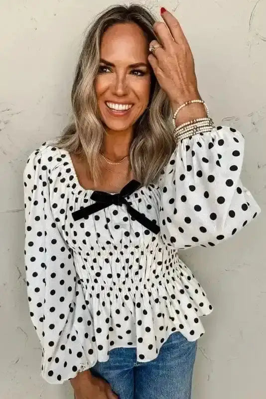 Polka Dot Bow Detail Puff Sleeve Peplum Blouse Women UK Fashionfitz