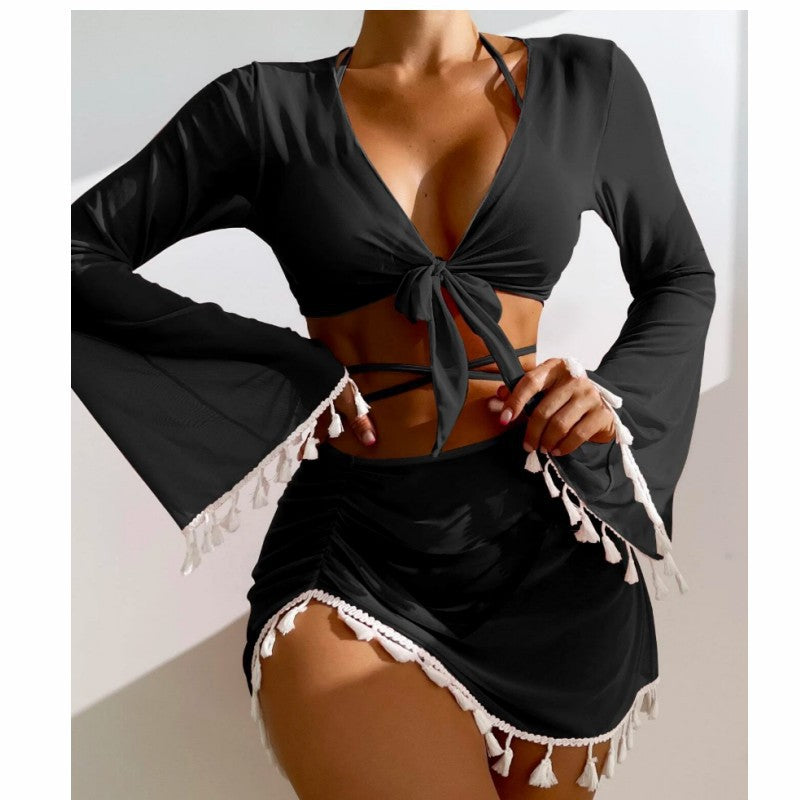 Women's 4-Piece Bikini Set with Skirt & Long-Sleeve Cover-Up