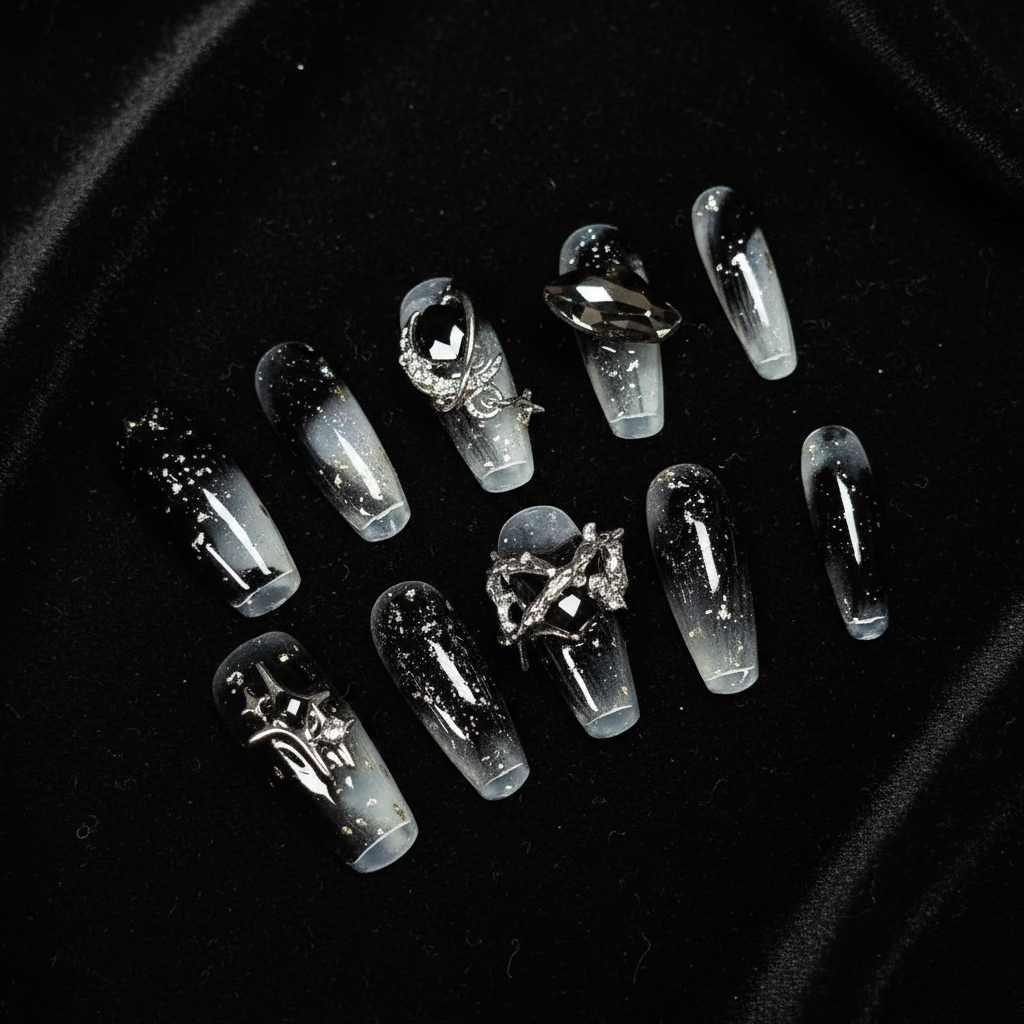Dark Starry Sky Coffin Nails - AI Editorial