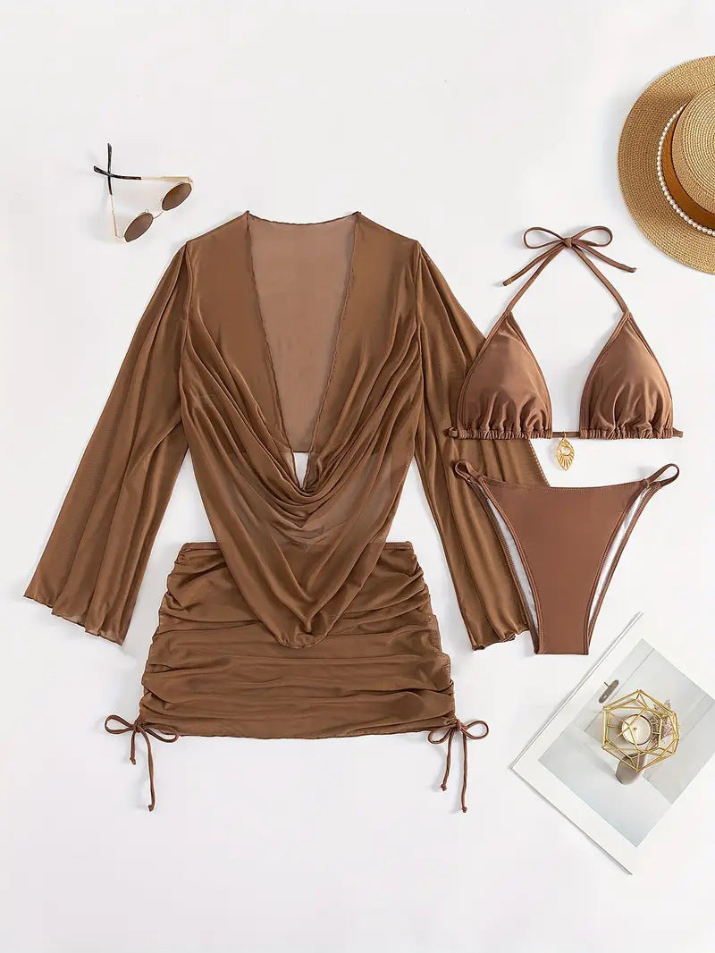 Women's Lace-Up Bikini Set – Solid Colour Swimwear Michan Direct
