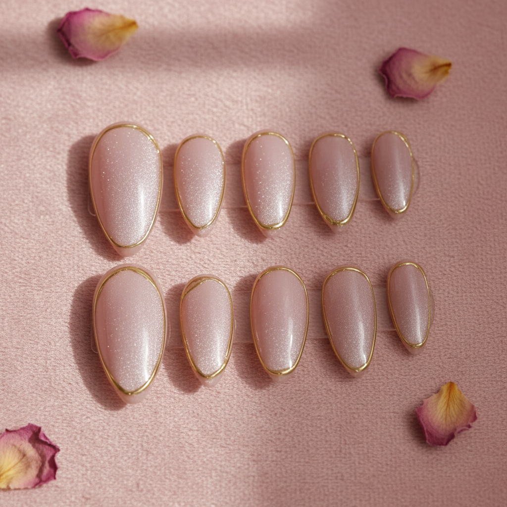 Gold Edge Nude Pink Nails - AI Editorial