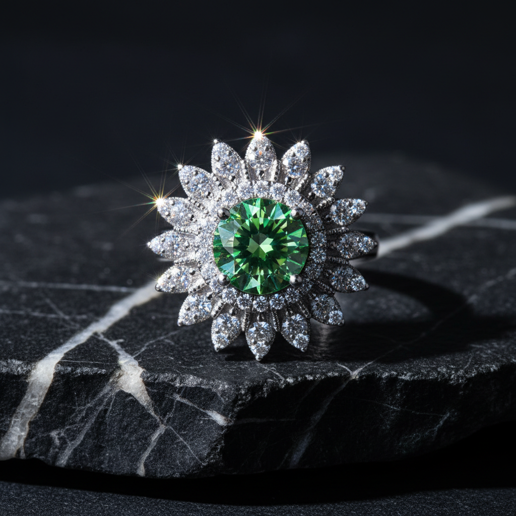 Green Aurora Moissanite Sunflower Ring