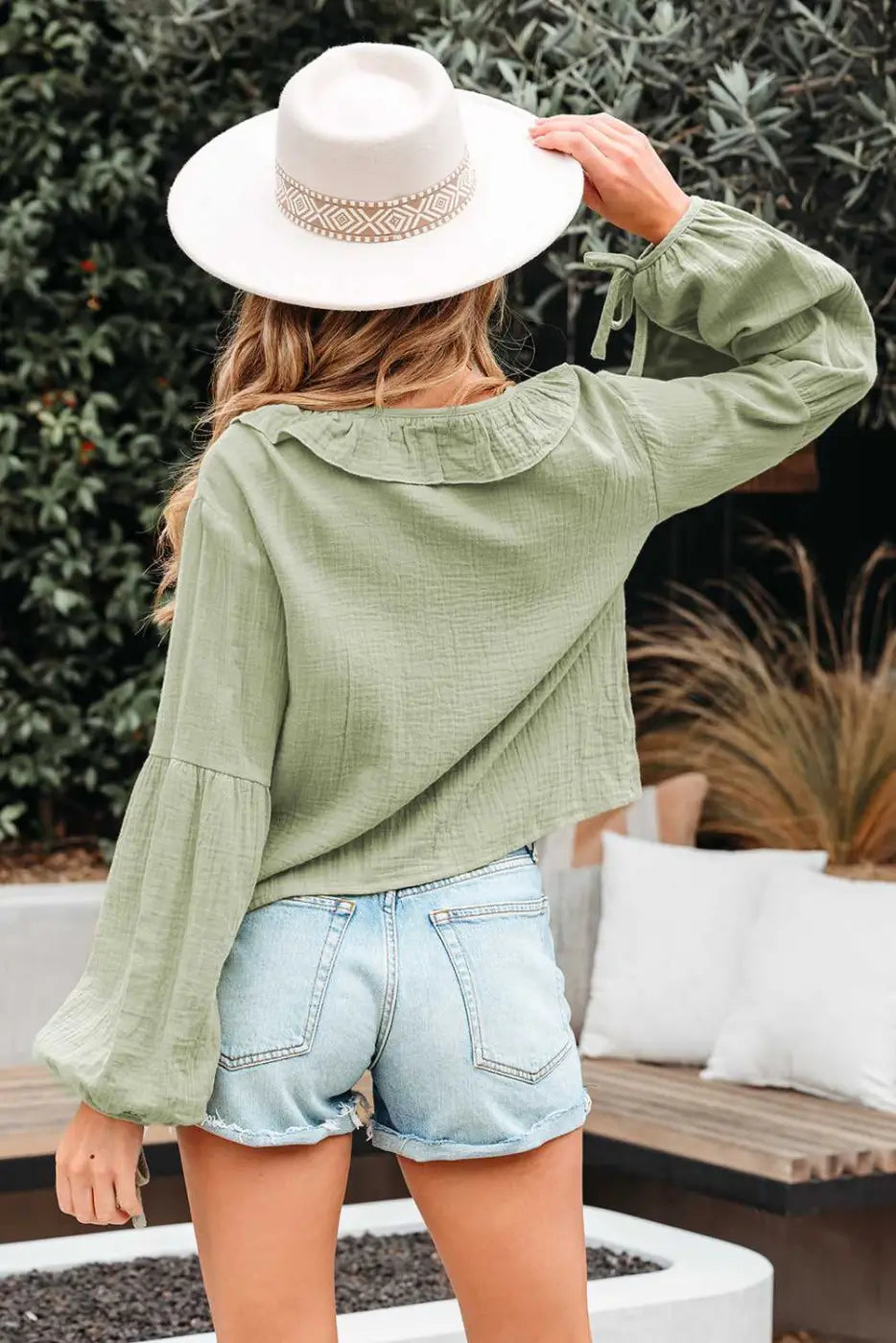 Green Cotton Bow Detail Meadow Blouse Women