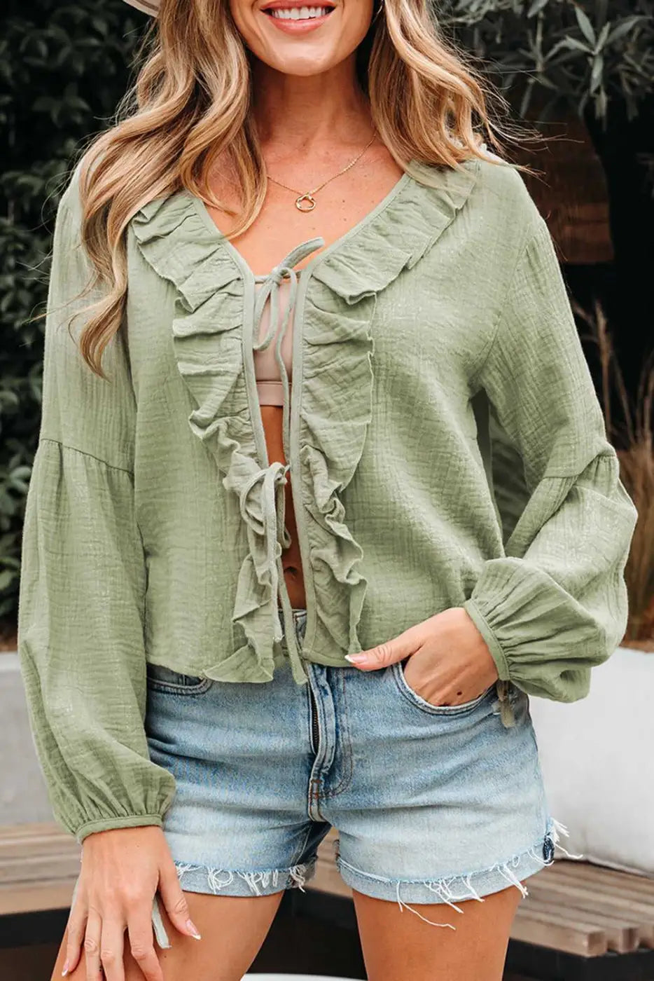Green Cotton Bow Detail Meadow Blouse Women