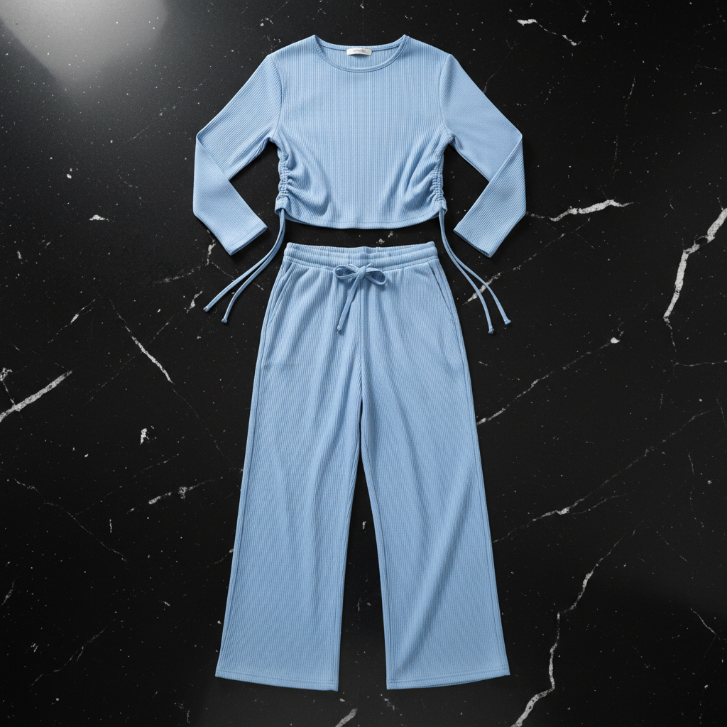 Pale Blue Drawstring Top & Wide-Leg Trouser Set