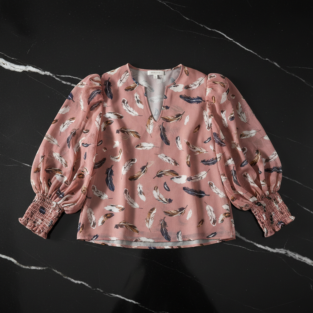 Pink Feather Print Chiffon Puff Sleeve Blouse