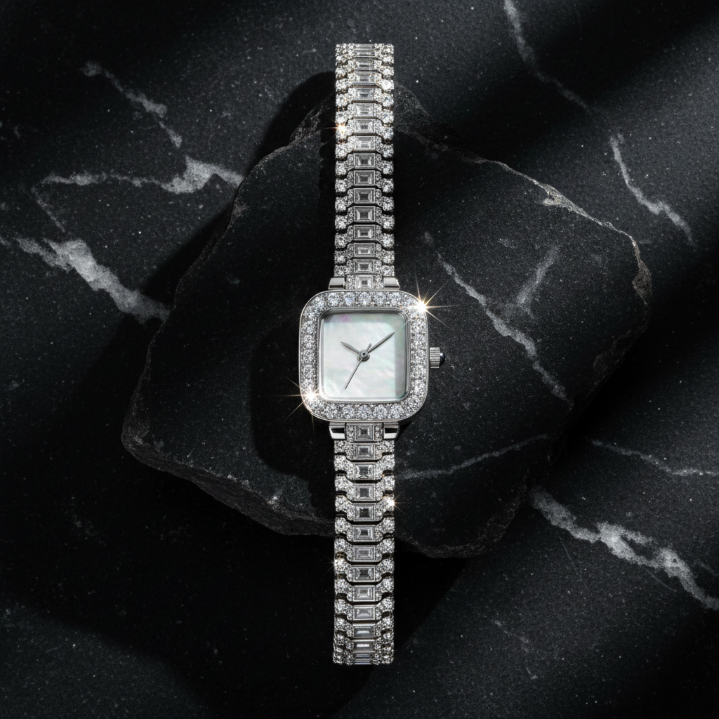 Square Dial Bracelet Watch with CZ Snake Chain