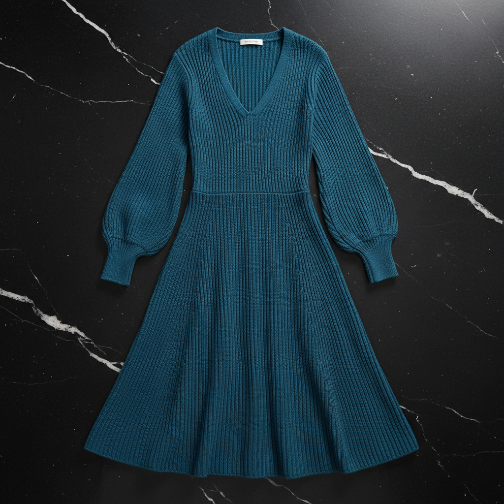 Teal Ribbed Knit V-Neck A-Line Midi Dress
