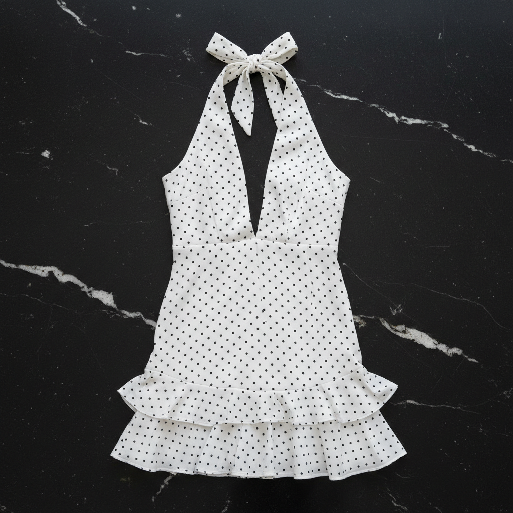 White Polka Dot Halter Mini Dress